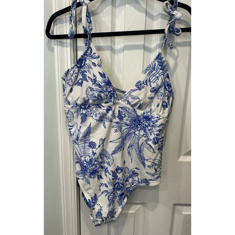 Kona Sol Shoulder Tie One Piece Bathing Suit L White Blue Floral Humming Bird